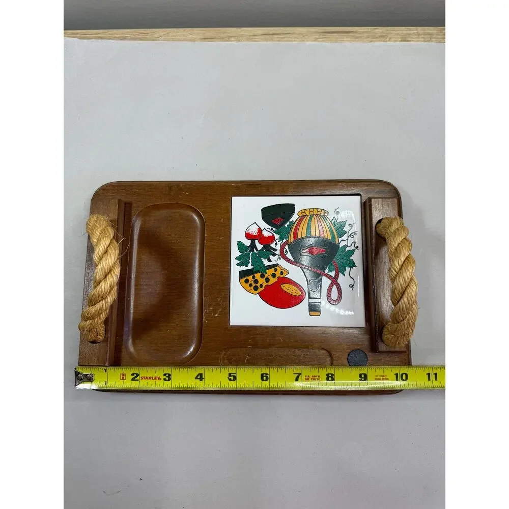 Vintage Wood Wine and Cheese Serving Board, Painted Tile Insert, Rope Handles